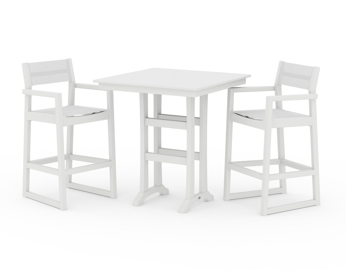 POLYWOOD EDGE Sling Arm Chair 3-Piece Farmhouse Bar Set with Trestle Legs in White / White