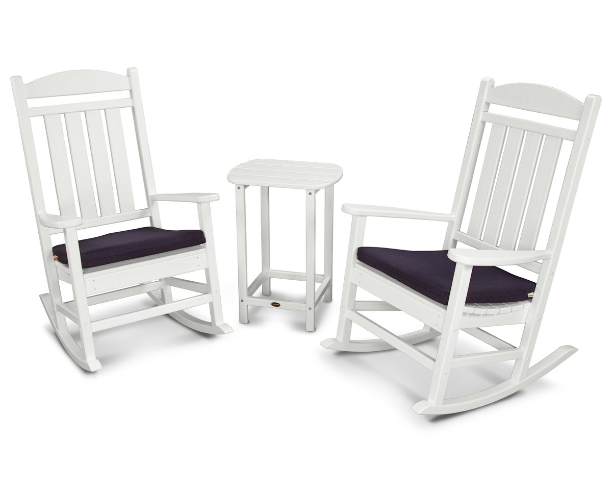 POLYWOOD Presidential 3-Piece Rocker with Seat Cushions in White / Navy
