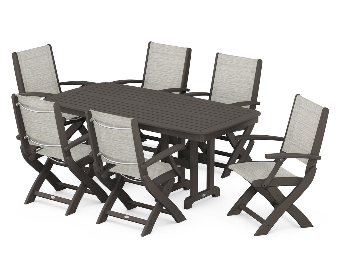 POLYWOOD Coastal Folding Arm Chair 7-Piece Dining Set in Vintage Coffee / Birch