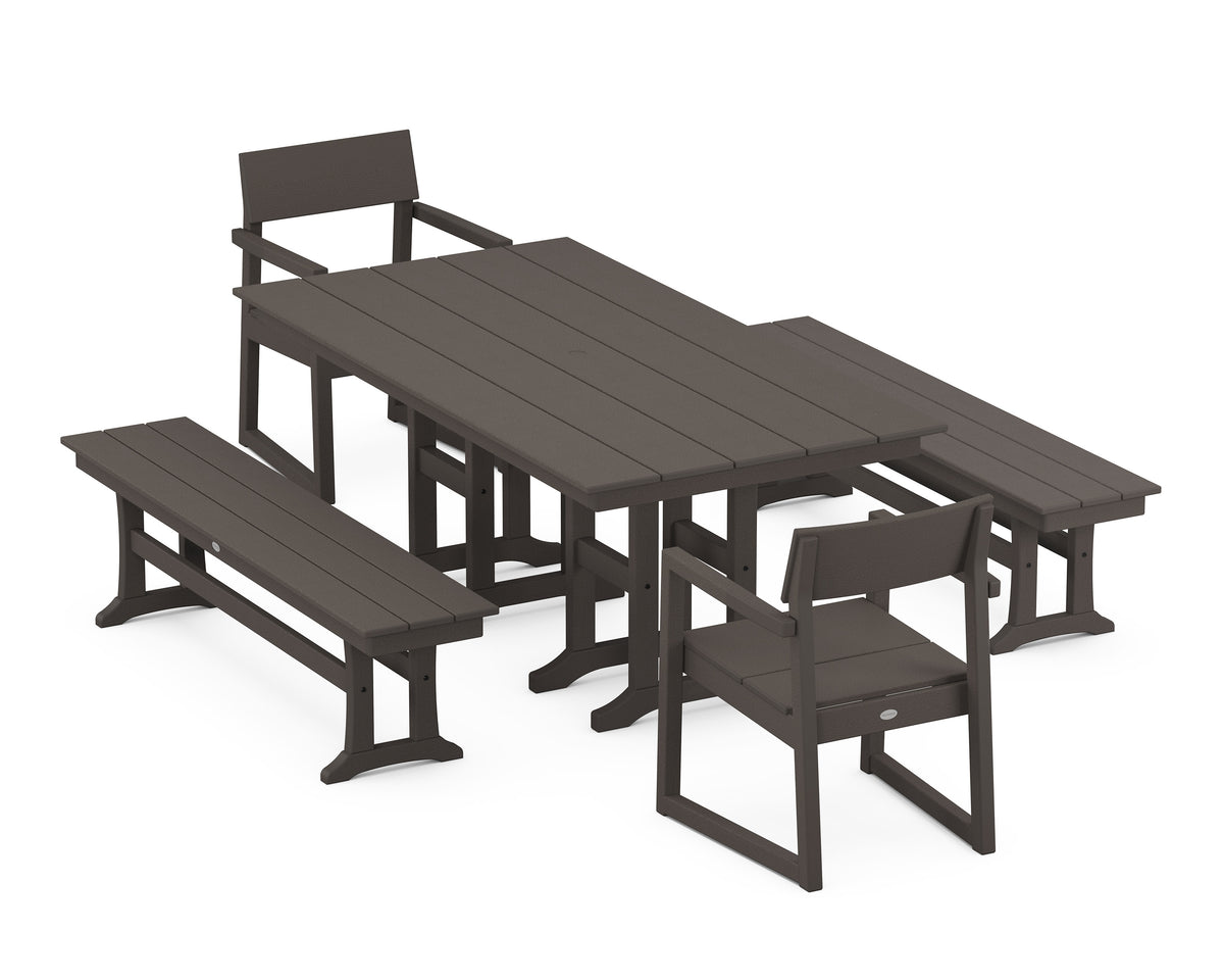 POLYWOOD EDGE 5-Piece Farmhouse Dining Set with Benches in Vintage Coffee