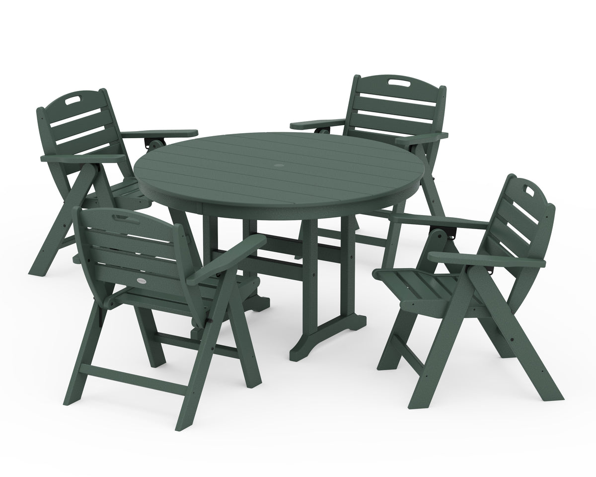 POLYWOOD Nautical Folding Lowback Chair 5-Piece Round Farmhouse Dining Set in Green