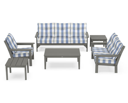 POLYWOOD Vineyard 6-Piece Deep Seating Set in Slate Grey / Buffalo Plaid Sky Blue