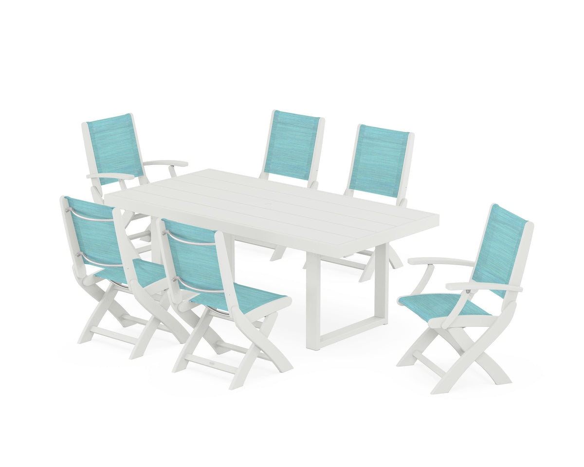 POLYWOOD Coastal Folding Chair 7-Piece Dining Set with Trestle Legs with EDGE 40" x 78" Dining Table in Vintage White / Dupioni Aquamarine