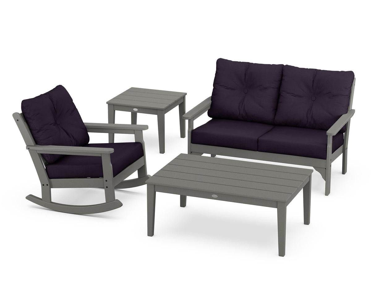 POLYWOOD Vineyard 4-Piece Deep Seating Rocker Set in Slate Grey / Navy Linen