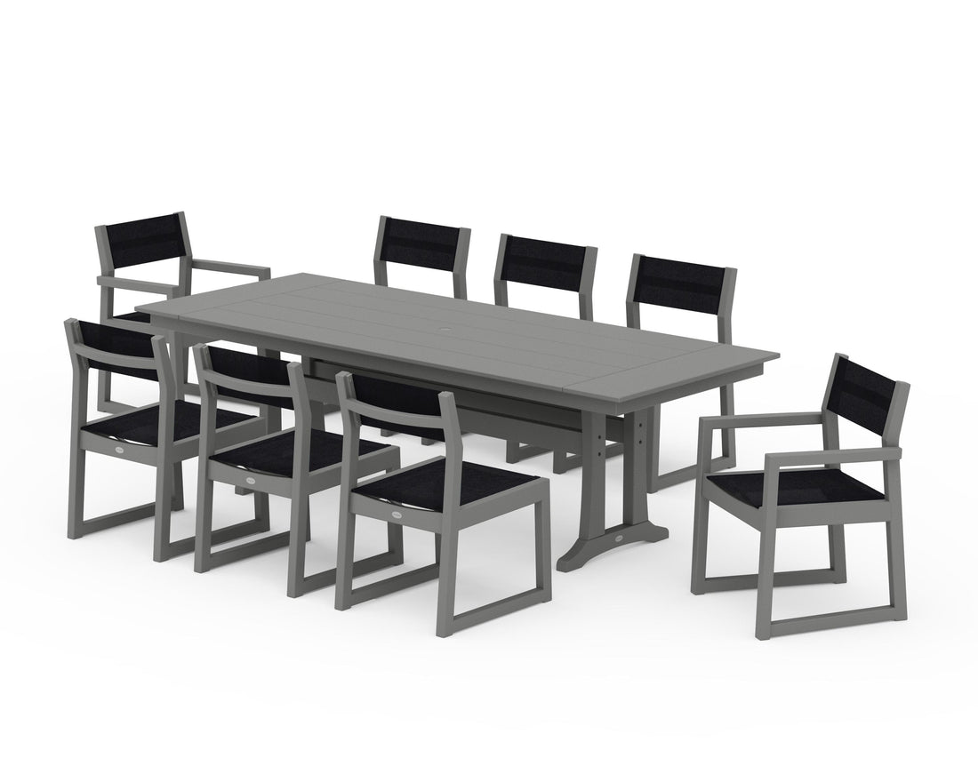 POLYWOOD EDGE Sling 9-Piece Farmhouse Trestle Dining Set in Slate Grey / Black