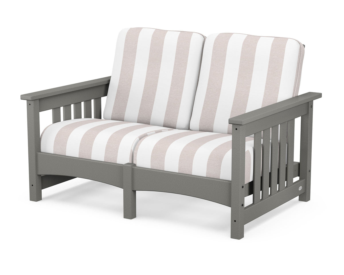 POLYWOOD Club Mission Loveseat in Slate Grey / Cabana Stripe Dune Burlap