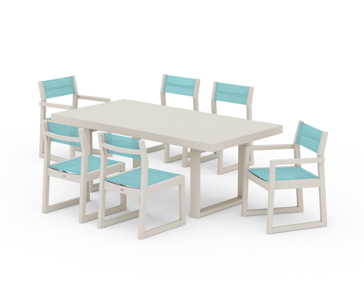 POLYWOOD EDGE Sling 7-Piece Dining Set in Sand / Dupioni Aquamarine