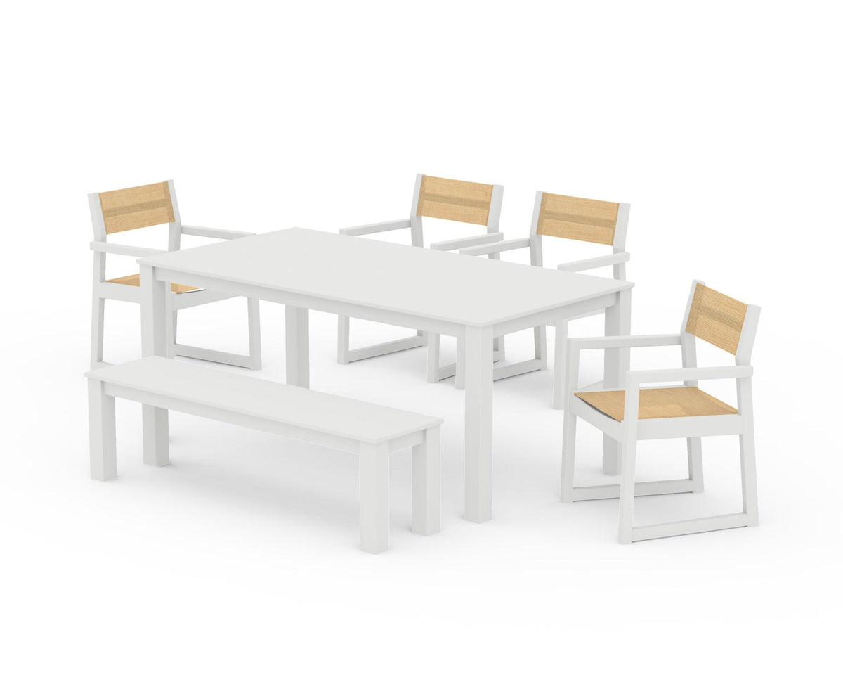 POLYWOOD EDGE Sling Arm Chair 6-Piece Parsons Dining Set with Bench in Vintage White / Dupioni Apricot