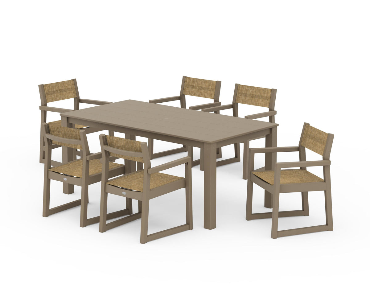 POLYWOOD EDGE Sling Arm Chair 7-Piece Parsons Dining Set in Vintage Sahara / Burlap