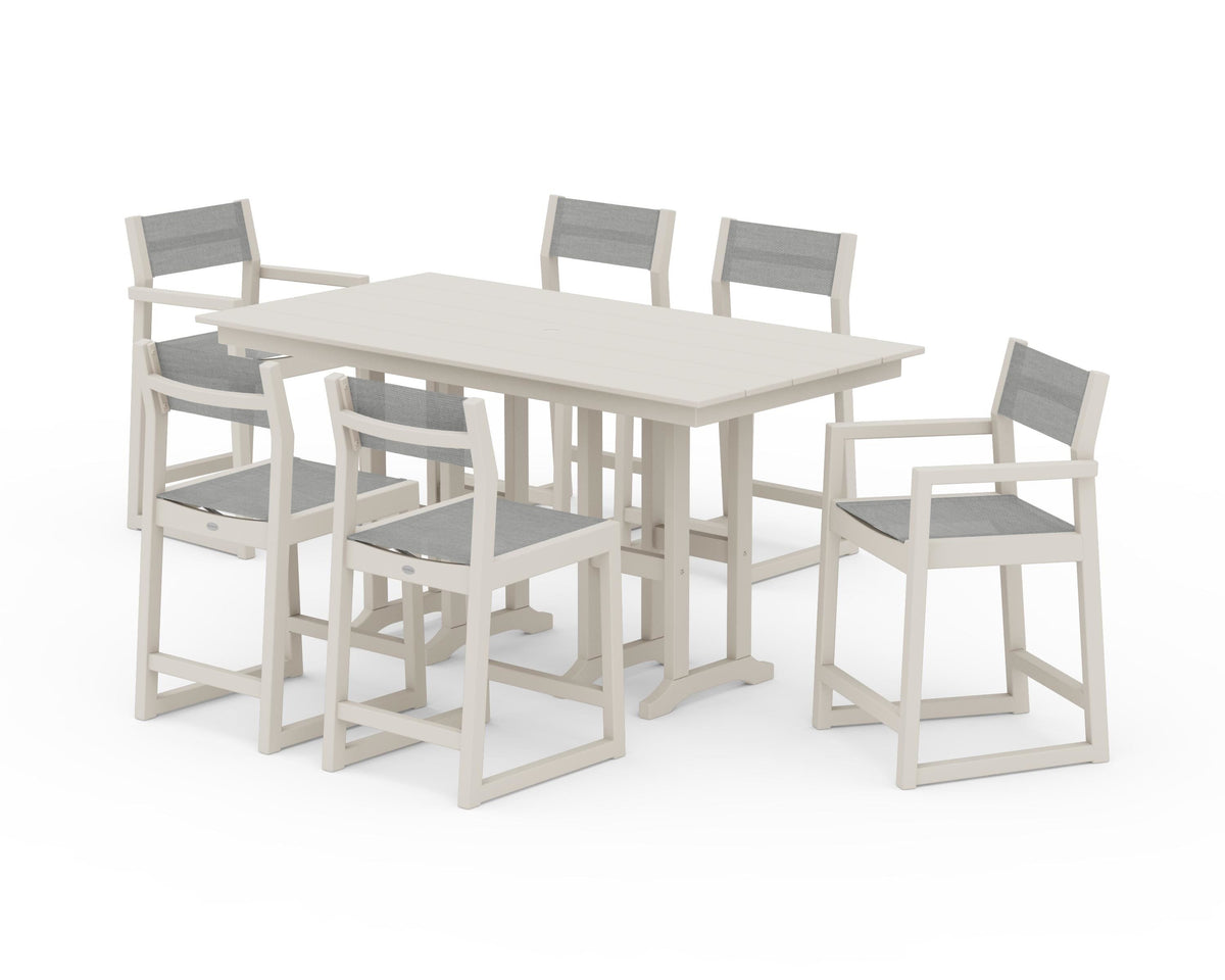 POLYWOOD EDGE Sling 7-Piece Farmhouse Counter Set with Trestle Legs in Sand / Metallic
