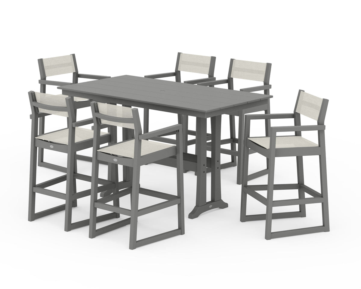 POLYWOOD EDGE Sling Arm Chair 7-Piece Farmhouse Bar Set with Trestle Legs in Slate Grey / Parchment
