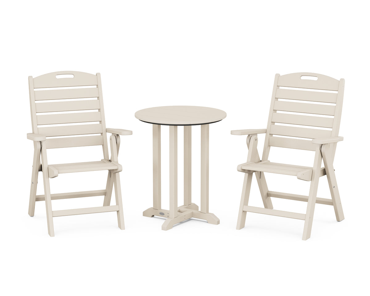 POLYWOOD Nautical Folding Highback Chair 3-Piece Round Bistro Dining Set in Sand