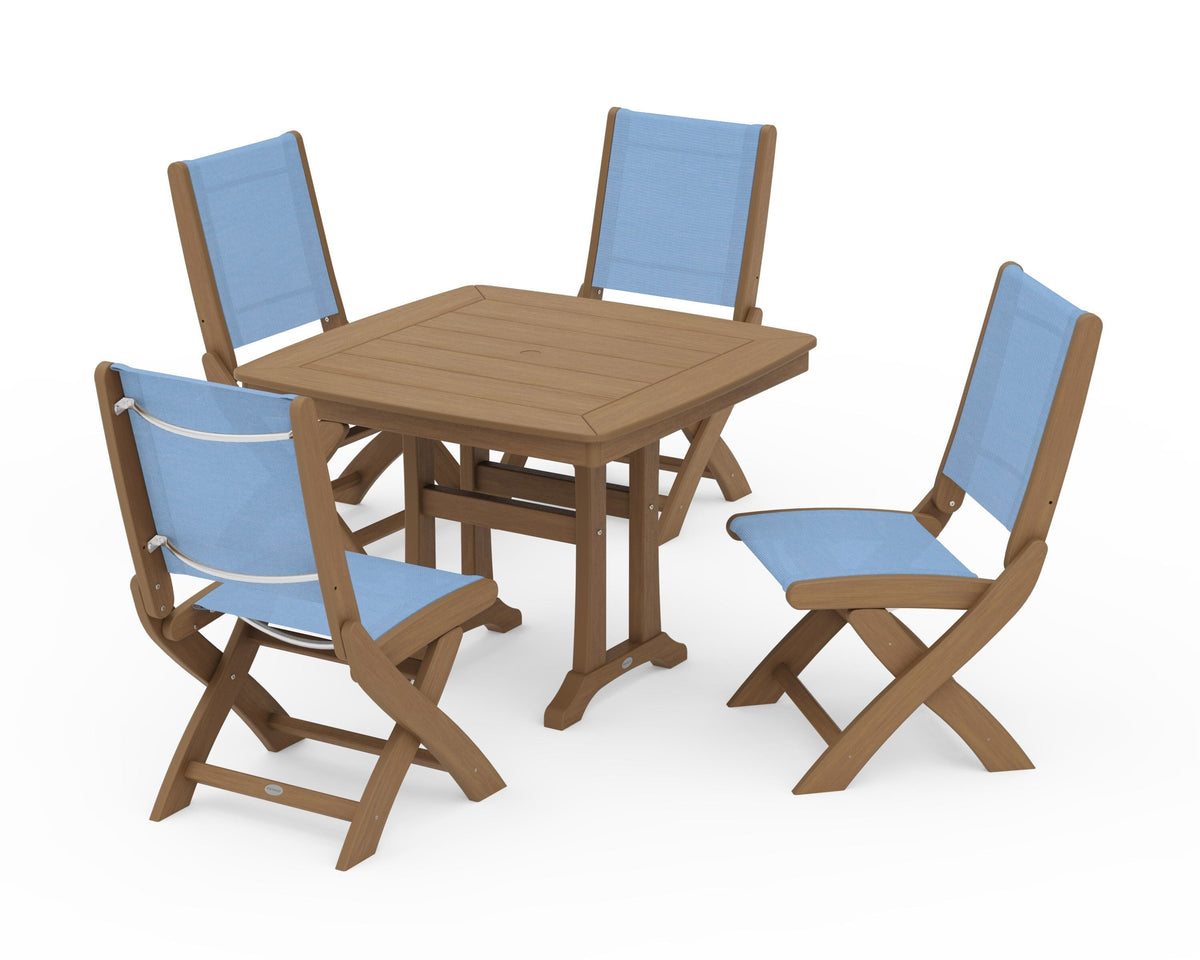POLYWOOD Coastal Folding Side Chair 5-Piece Dining Set with Trestle Legs in Natural / Poolside
