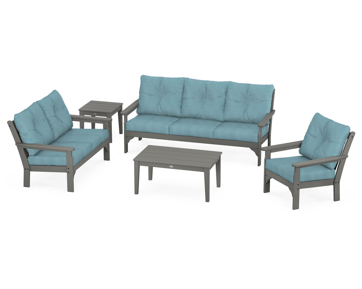 POLYWOOD Vineyard 5-Piece Deep Seating Set with Sofa in Slate Grey / Lattice Sky Blue