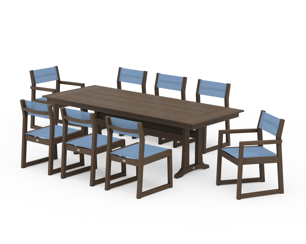 POLYWOOD EDGE Sling 9-Piece Farmhouse Trestle Dining Set in Kona / Poolside