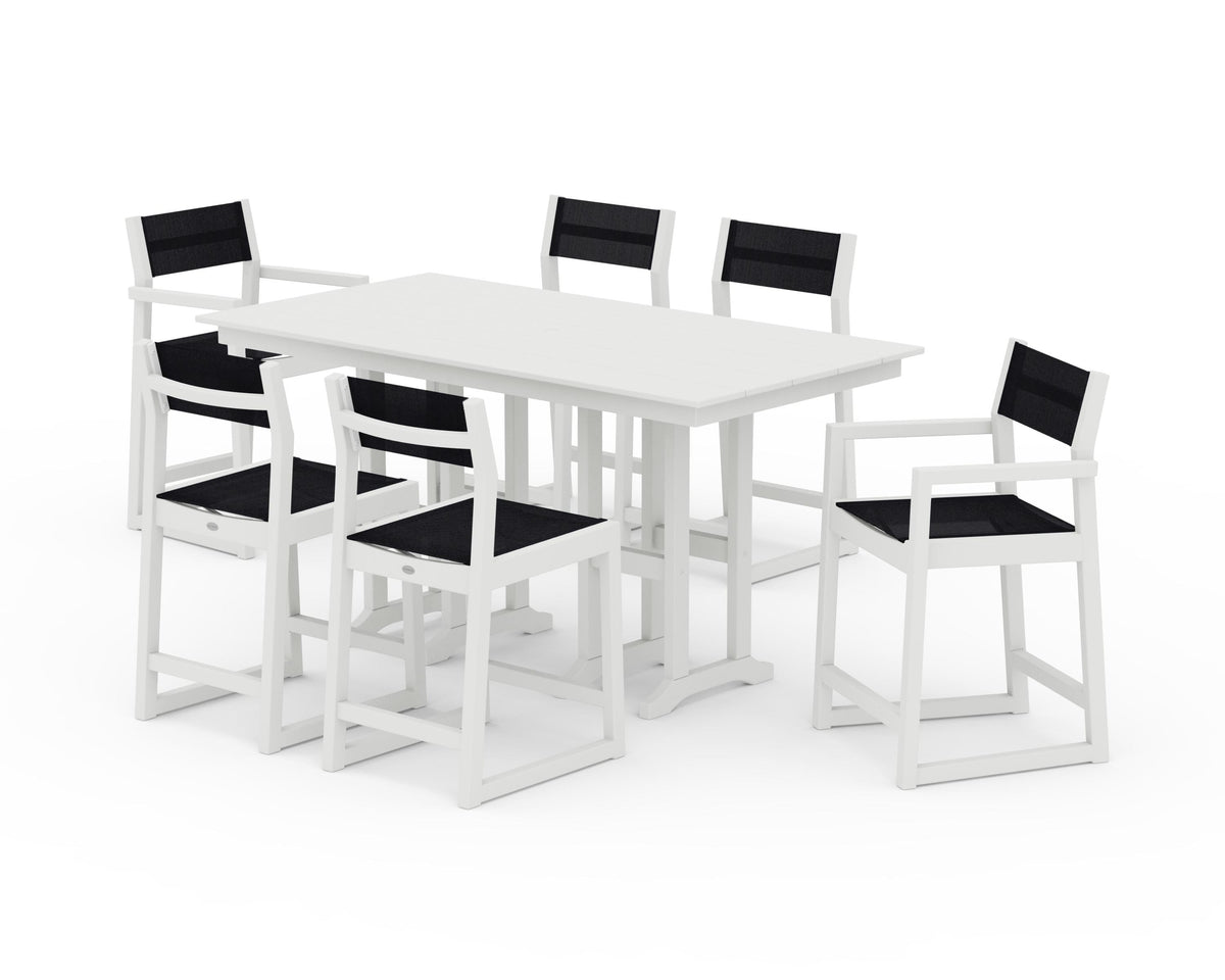 POLYWOOD EDGE Sling 7-Piece Farmhouse Counter Set with Trestle Legs in Vintage White / Black