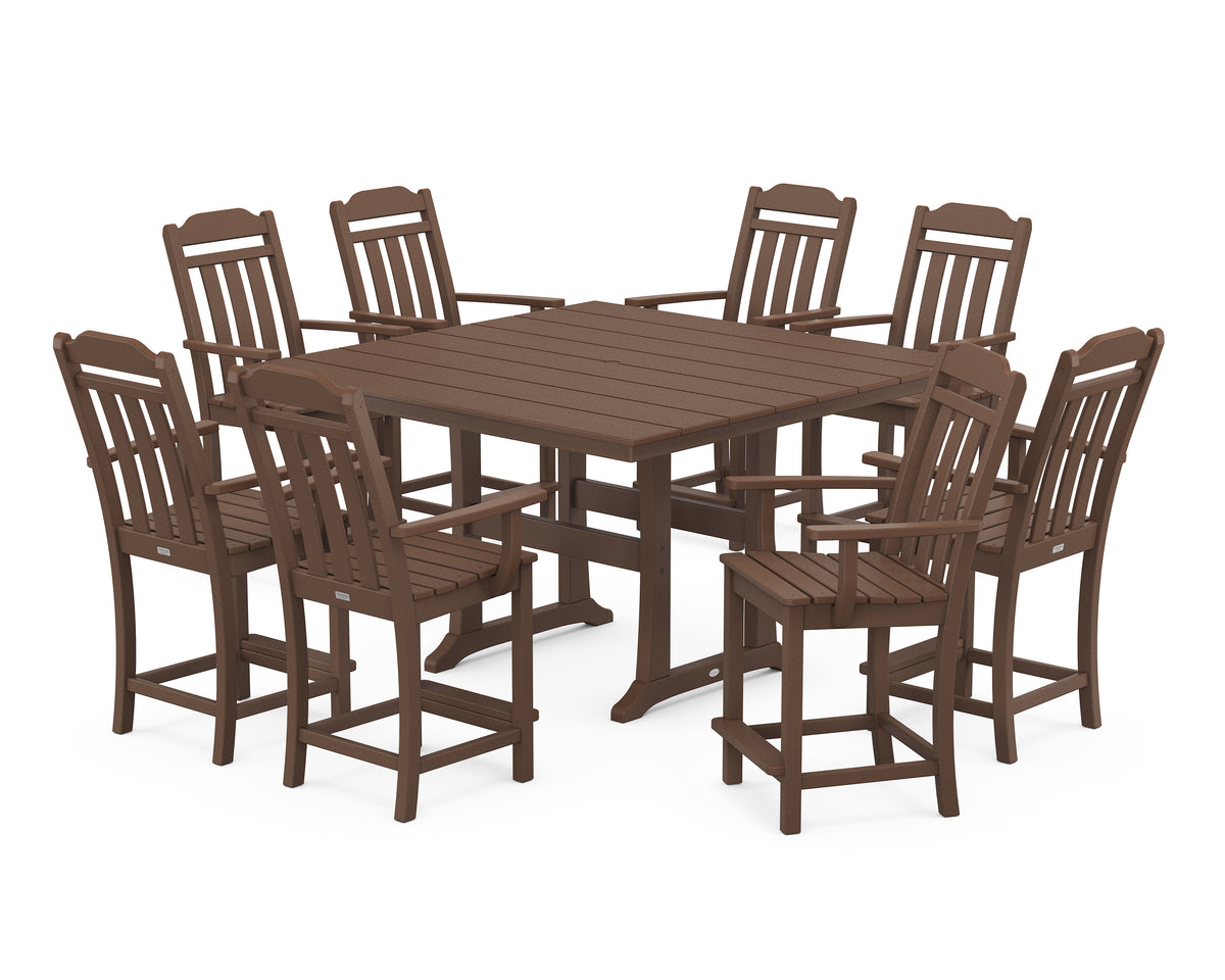 POLYWOOD Country Living Cottage 9-Piece Square Farmhouse Counter Set with Trestle Legs in Mahogany
