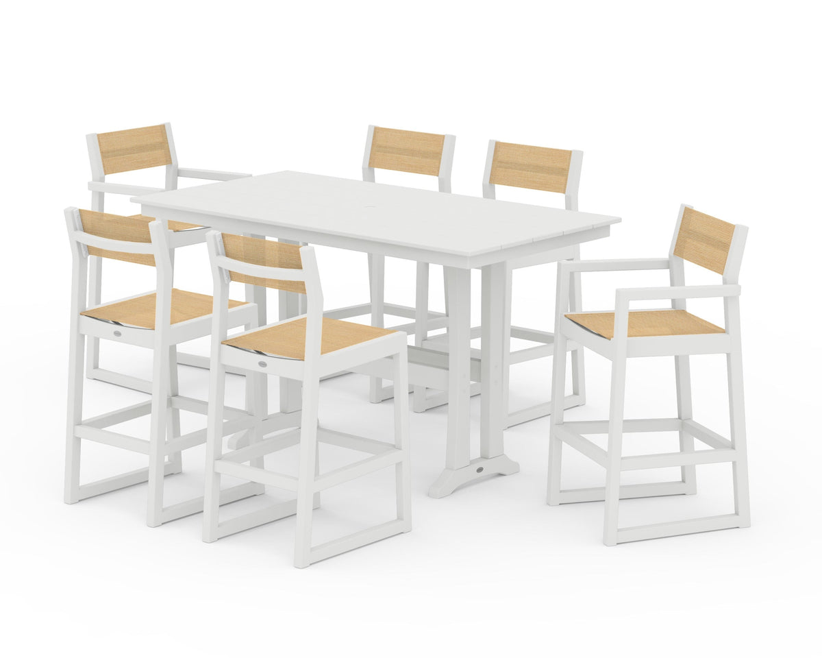 POLYWOOD EDGE Sling 7-Piece Farmhouse Bar Set with Trestle Legs in Vintage White / Dupioni Apricot