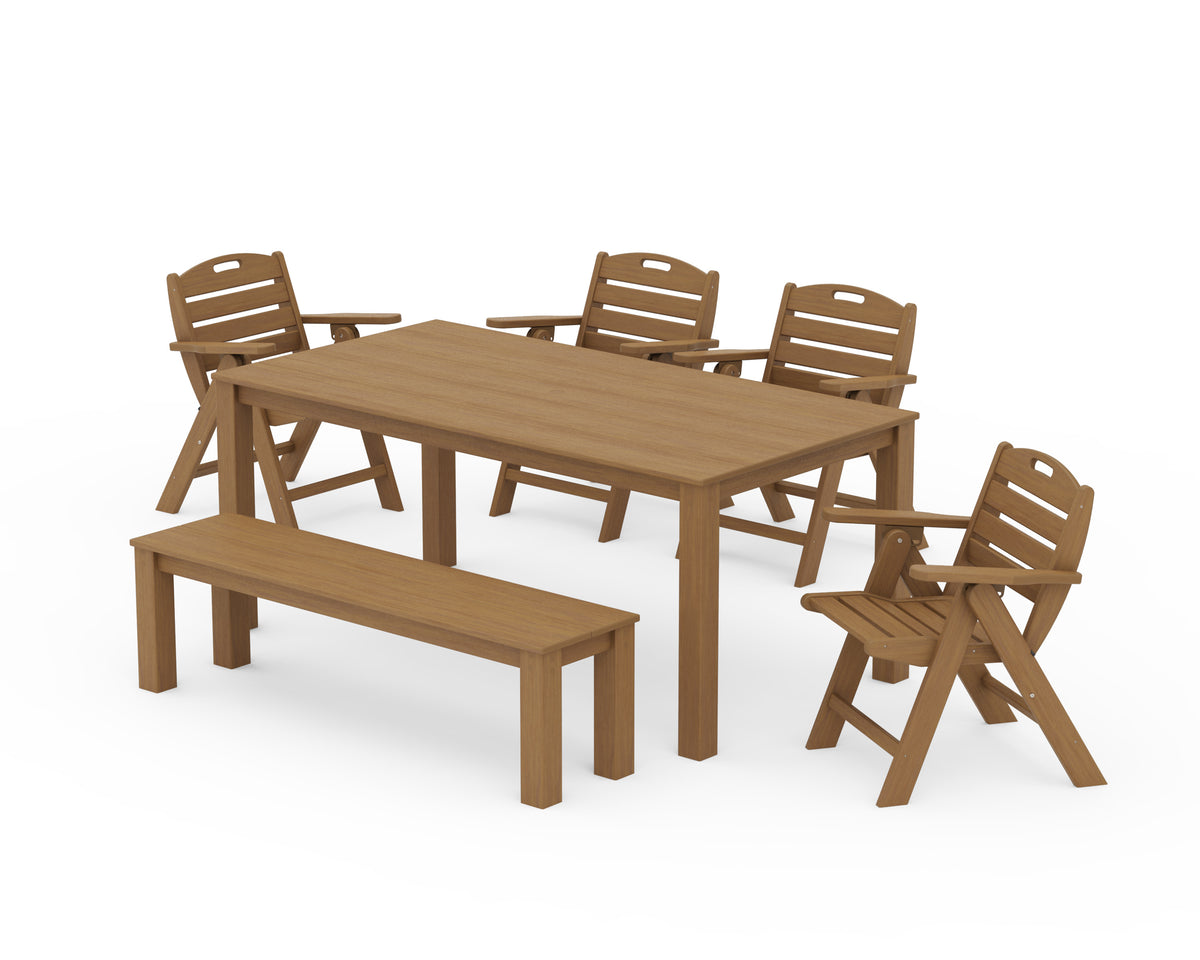 POLYWOOD Nautical Folding Lowback Chair 6-Piece Parsons Dining Set with Bench in Natural