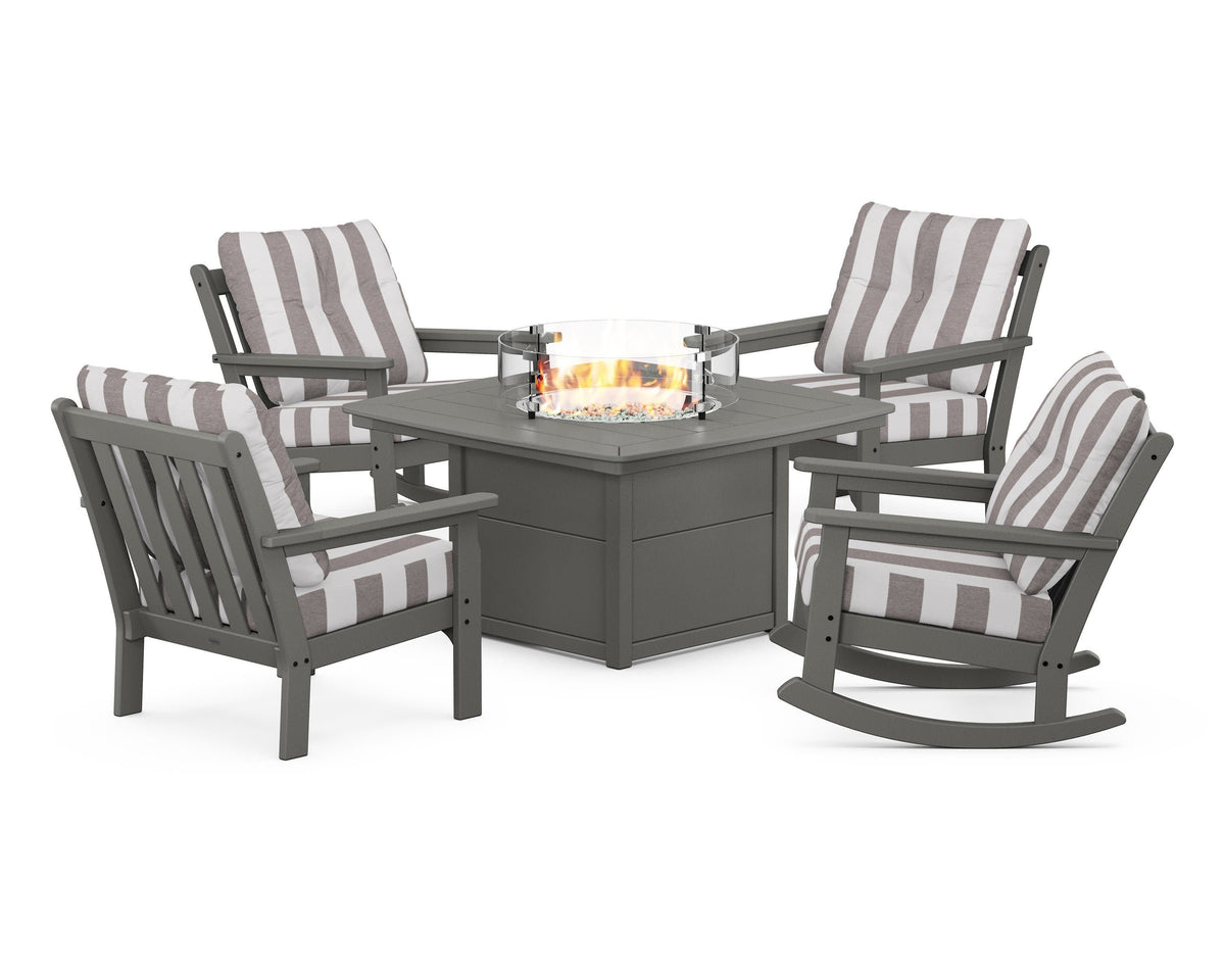 POLYWOOD Vineyard 5-Piece Deep Seating Rocking Chair Conversation Set with Fire Pit Table in Slate Grey / Cabana Stripe Grey Mist