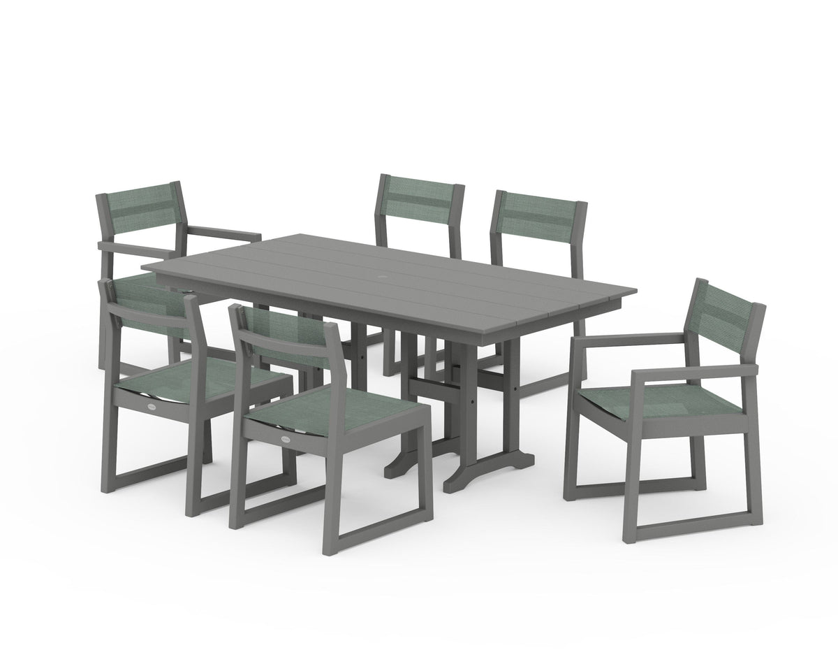 POLYWOOD EDGE Sling 7-Piece Farmhouse Dining Set in Slate Grey / Dupioni Sea Mist