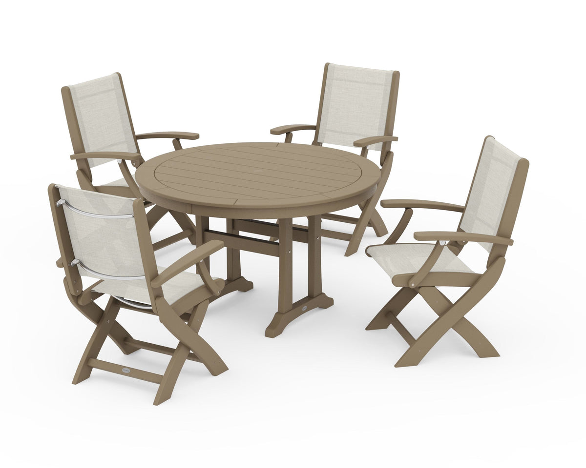 POLYWOOD Coastal Folding Chair 5-Piece Round Dining Set with Trestle Legs in Vintage Sahara / Parchment