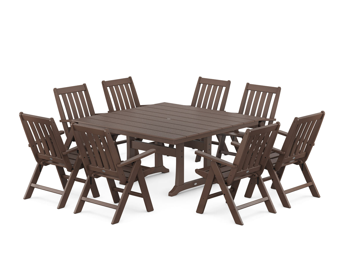 POLYWOOD Vineyard Folding Chair 9-Piece Square Farmhouse Dining Set with Trestle Legs in Mahogany