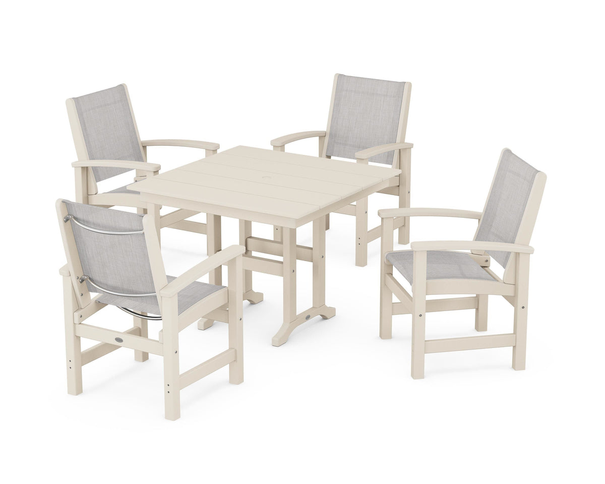 POLYWOOD Coastal 5-Piece Farmhouse Dining Set with Farmhouse 37" Dining Table in Sand / Parchment