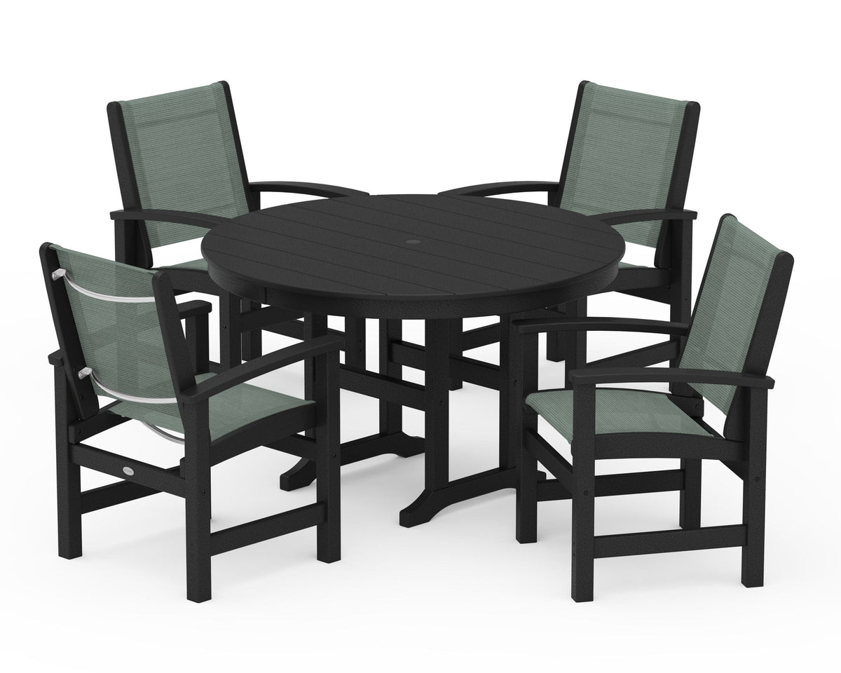 POLYWOOD Coastal 5-Piece Round Farmhouse Dining Set in Black / Dupioni Sea Mist