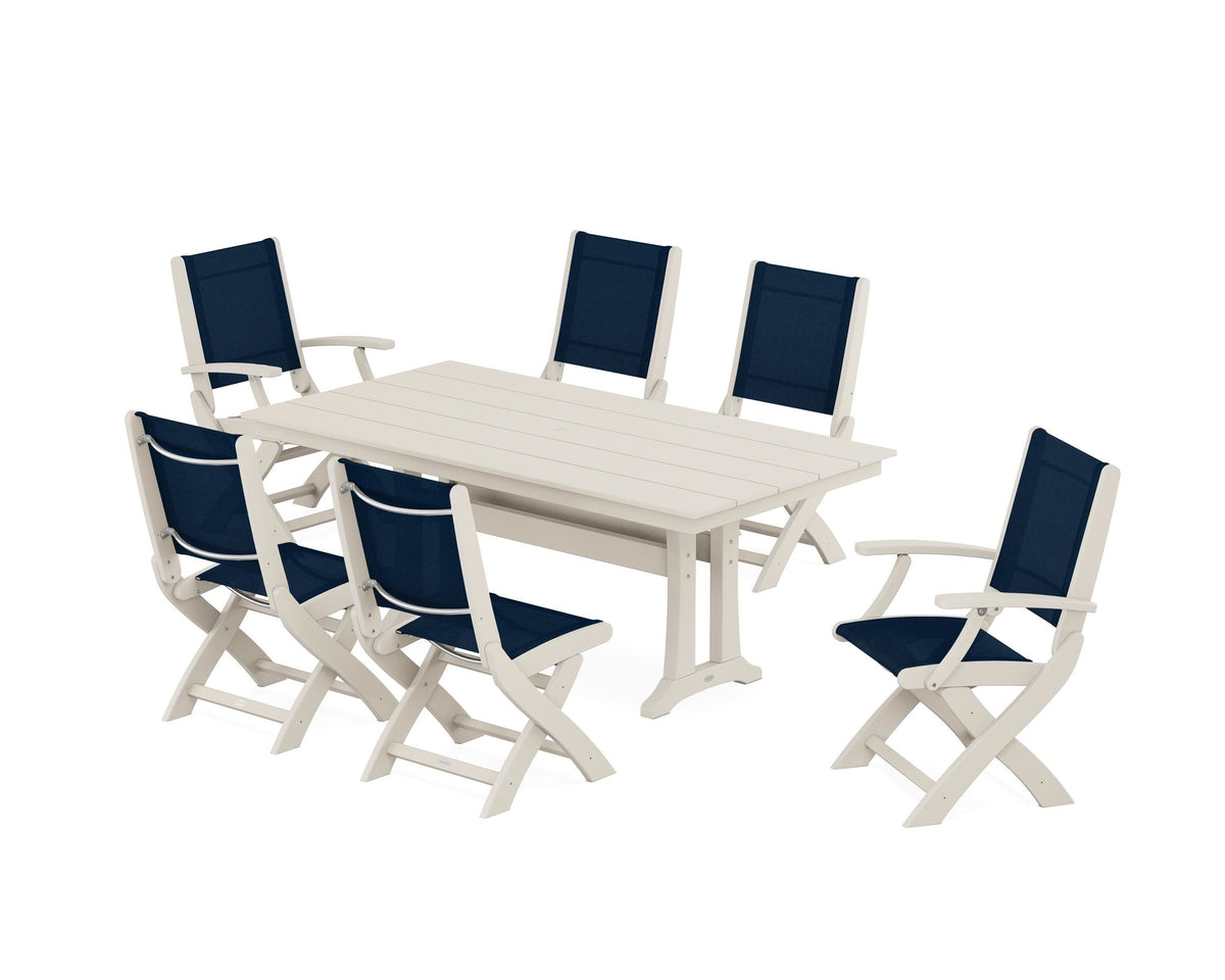 POLYWOOD Coastal Folding Chair 7-Piece Farmhouse Dining Set with Trestle Legs in Sand / Navy Blue