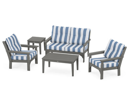 POLYWOOD Vineyard 5-Piece Deep Seating Set with Two Chairs and Loveseat in Slate Grey / Cabana Stripe Sky Blue