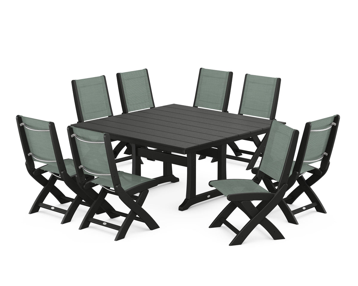 POLYWOOD Coastal Folding Side Chair 9-Piece Farmhouse Dining Set in Black / Dupioni Sea Mist