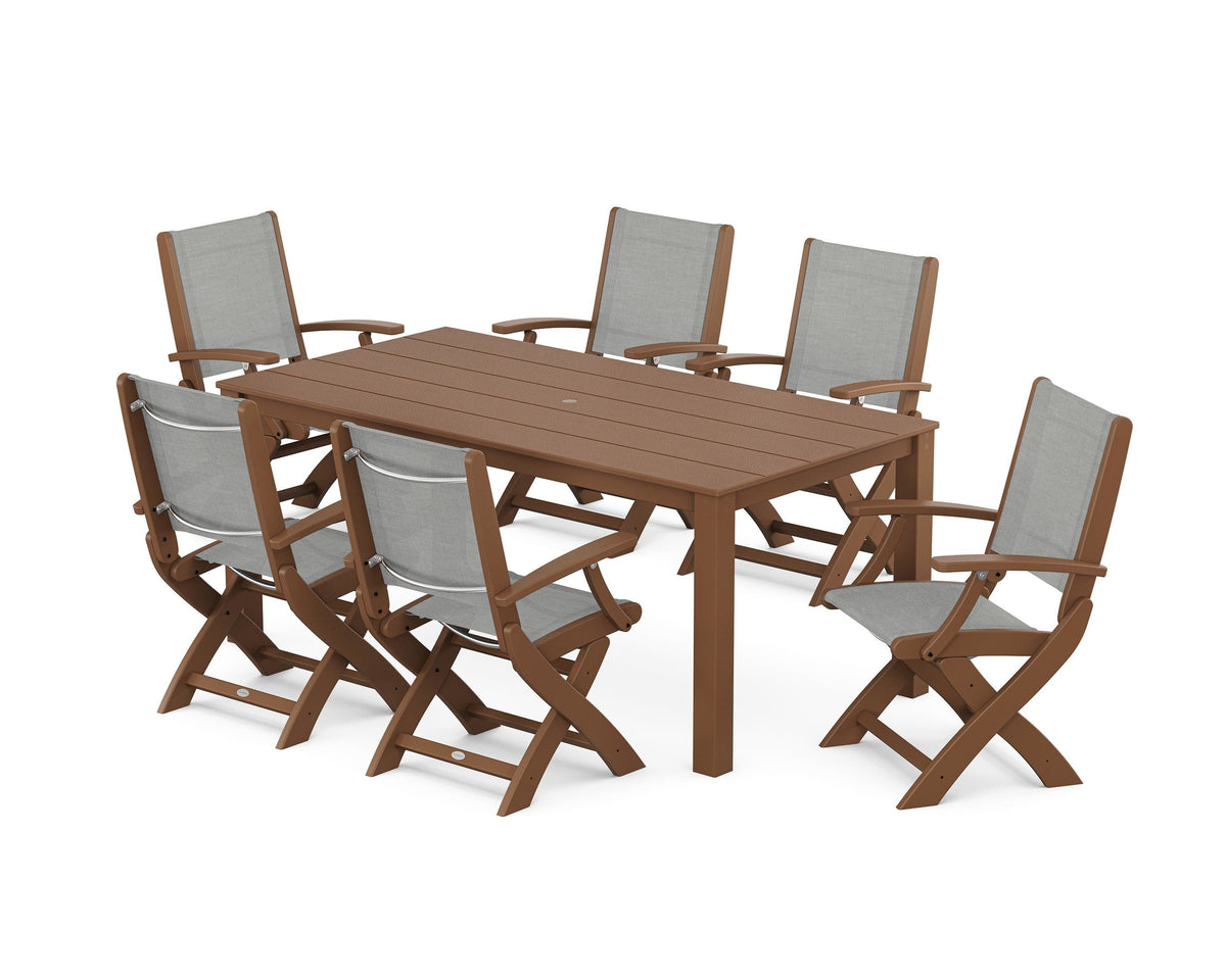 POLYWOOD Coastal Folding Chair 7-Piece Parsons Dining Set in Teak / Metallic