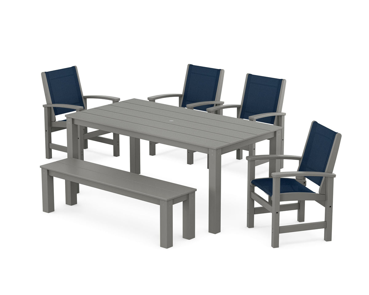 POLYWOOD Coastal 6-Piece Parsons Dining Set with Bench in Slate Grey / Navy Blue