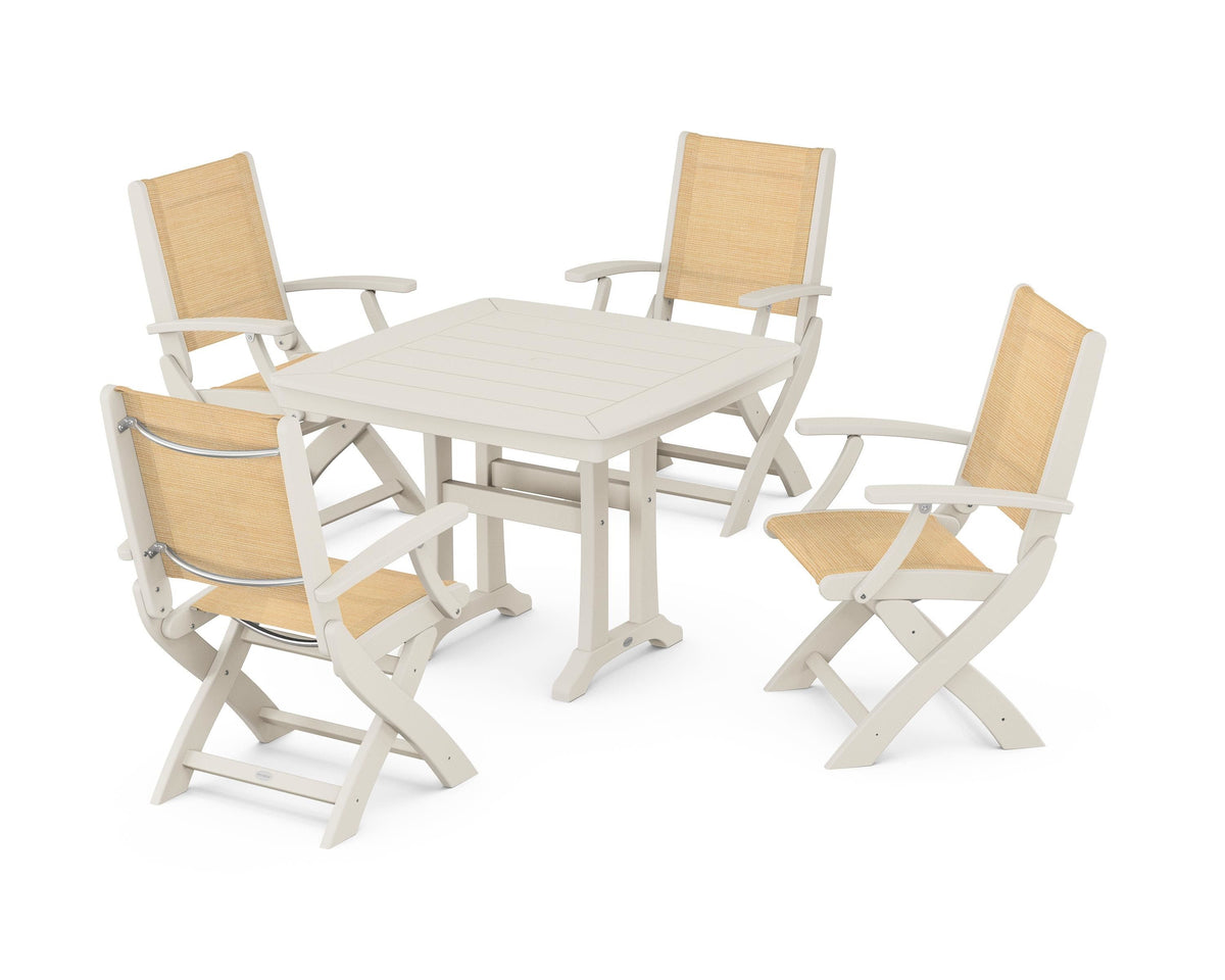 POLYWOOD Coastal Folding Chair 5-Piece Dining Set with Trestle Legs in Sand / Dupioni Apricot