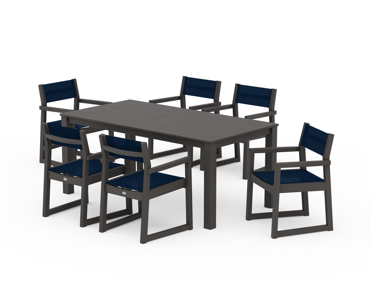 POLYWOOD EDGE Sling Arm Chair 7-Piece Parsons Dining Set in Vintage Coffee / Navy Blue