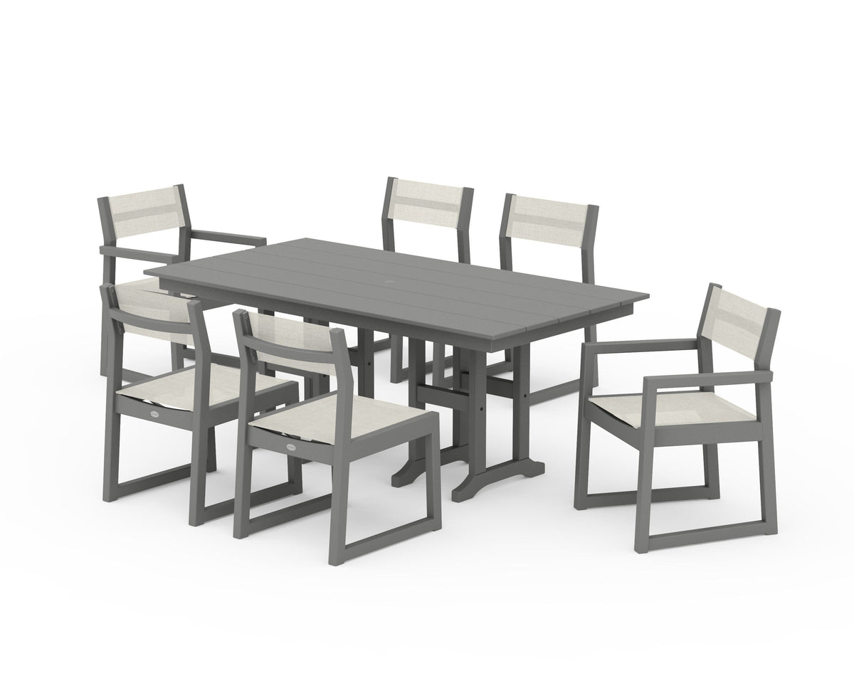 POLYWOOD EDGE Sling 7-Piece Farmhouse Dining Set in Slate Grey / Parchment