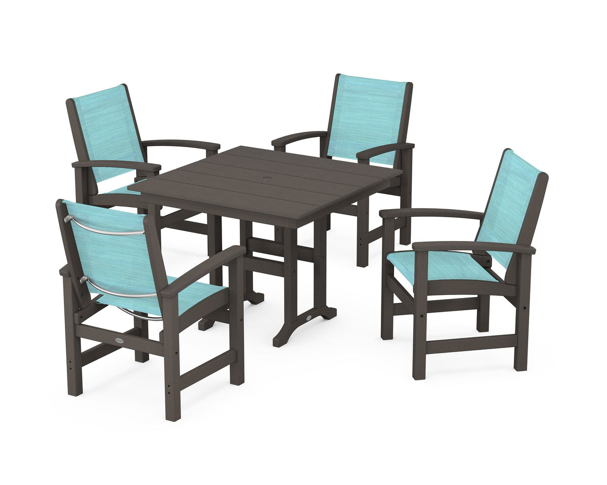 POLYWOOD Coastal 5-Piece Farmhouse Dining Set with Farmhouse 37" Dining Table in Vintage Coffee / Dupioni Aquamarine