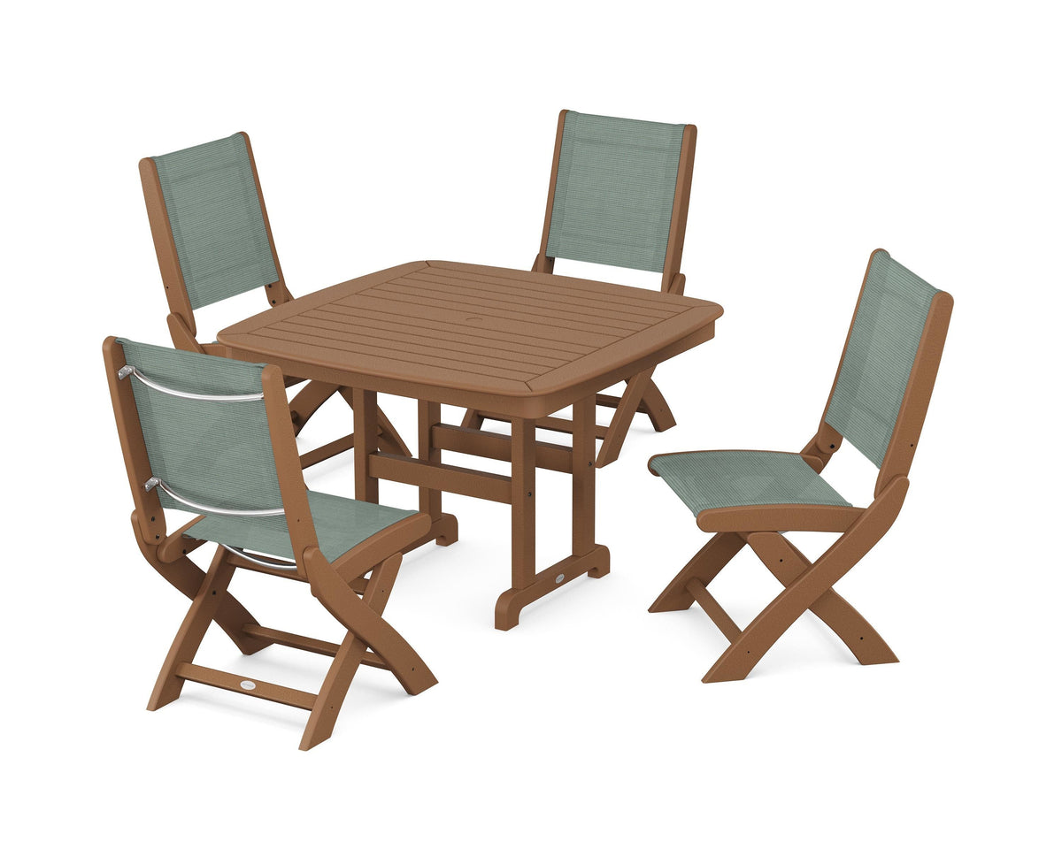 POLYWOOD Coastal Folding Side Chair 5-Piece Dining Set with Nautical 44" Dining Table in Teak / Dupioni Sea Mist