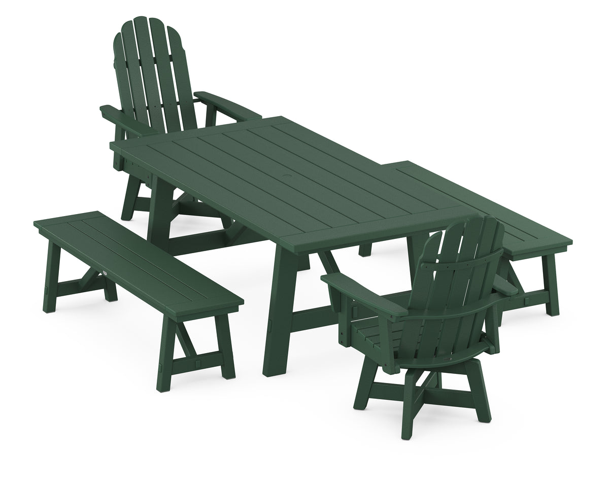 POLYWOOD Vineyard Curveback Adirondack Swivel Chair 5-Piece Rustic Farmhouse Dining Set with Benches in Green
