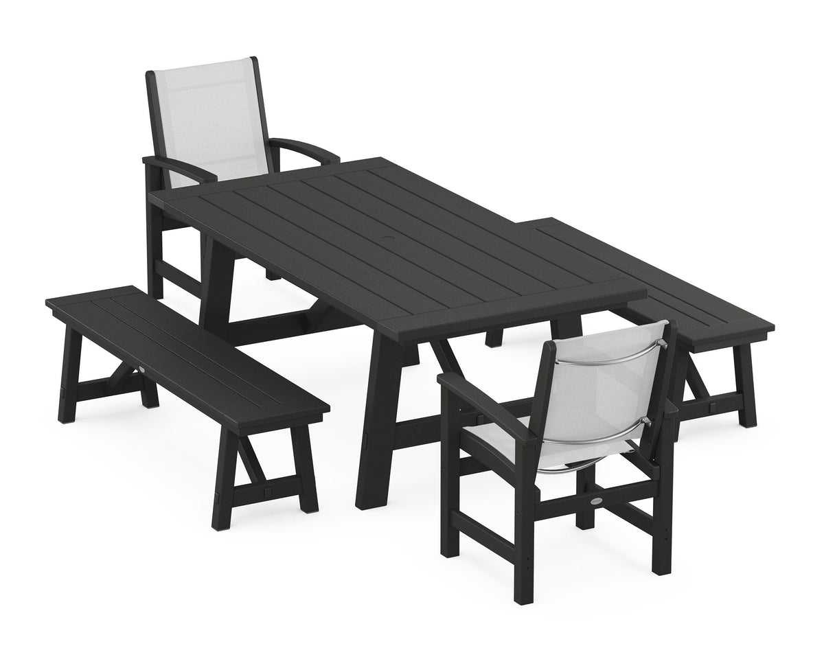 POLYWOOD Coastal 5-Piece Rustic Farmhouse Dining Set With Benches in Black / White