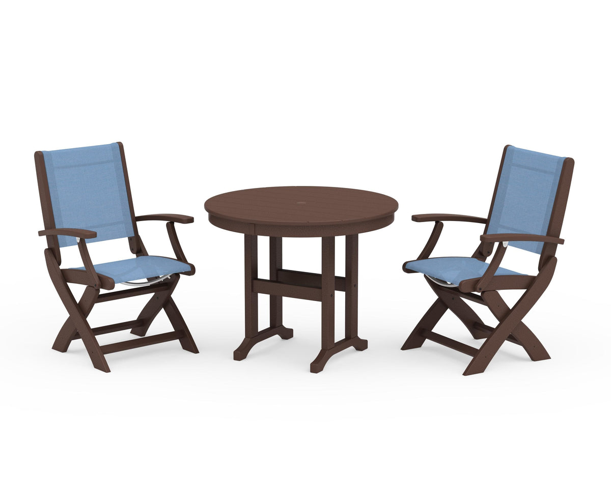 POLYWOOD Coastal Folding Chair 3-Piece Round Dining Set in Mahogany / Poolside