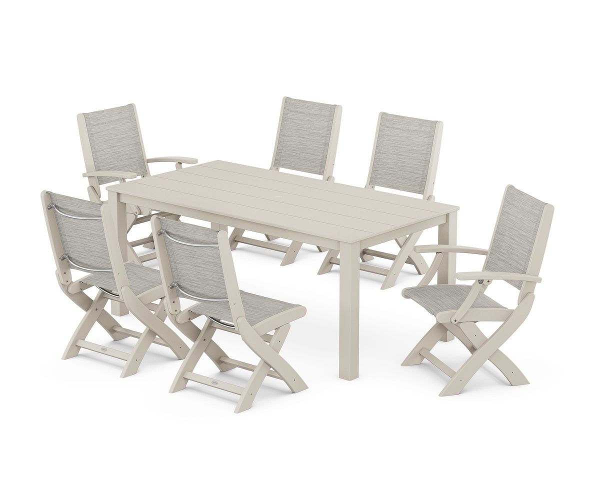POLYWOOD Coastal Folding Chair 7-Piece Parsons Dining Set with Coastal Folding Side Chair in Sand / Birch