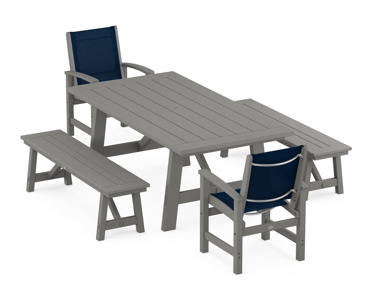 POLYWOOD Coastal 5-Piece Rustic Farmhouse Dining Set With Benches in Slate Grey / Navy Blue
