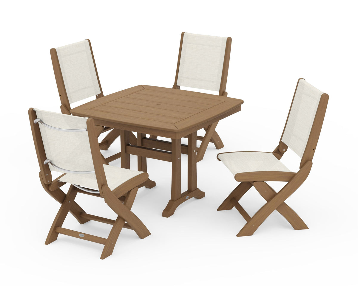 POLYWOOD Coastal Folding Side Chair 5-Piece Dining Set with Trestle Legs in Natural / Parchment