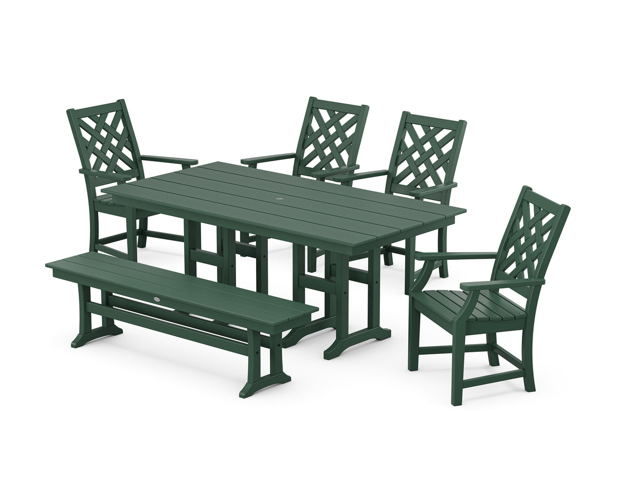 POLYWOOD Country Living Wovendale 6-Piece Farmhouse Dining Set with Bench with Farmhouse 37" x 72" Dining Table in Green