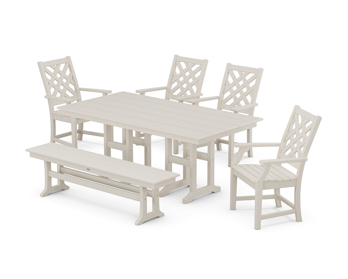 POLYWOOD Country Living Wovendale 6-Piece Farmhouse Dining Set with Bench with Farmhouse 37" x 72" Dining Table in Sand