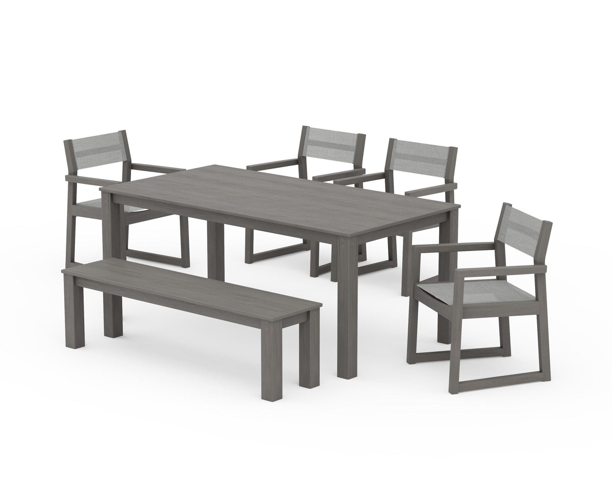 POLYWOOD EDGE Sling Arm Chair 6-Piece Parsons Dining Set with Bench in Driftwood / Metallic