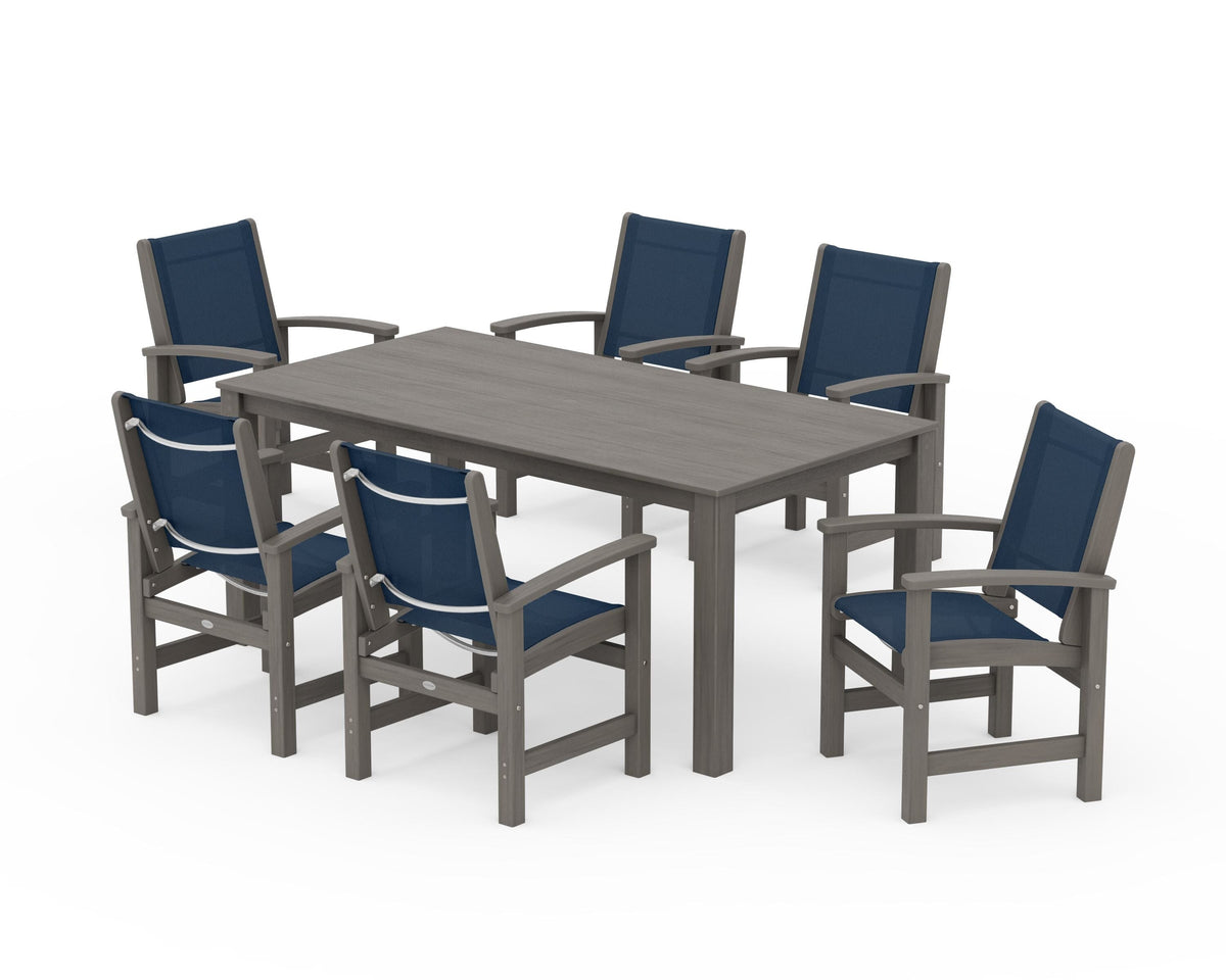 POLYWOOD Coastal 7-Piece Parsons Dining Set in Driftwood / Navy Blue