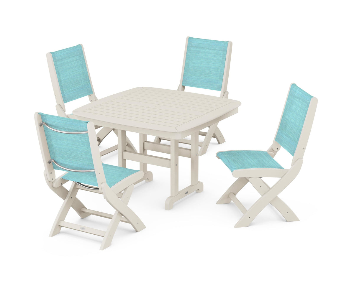 POLYWOOD Coastal Folding Side Chair 5-Piece Dining Set with Nautical 44" Dining Table in Sand / Dupioni Aquamarine